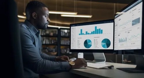 Data analyst reviewing dashboards on multiple monitors
