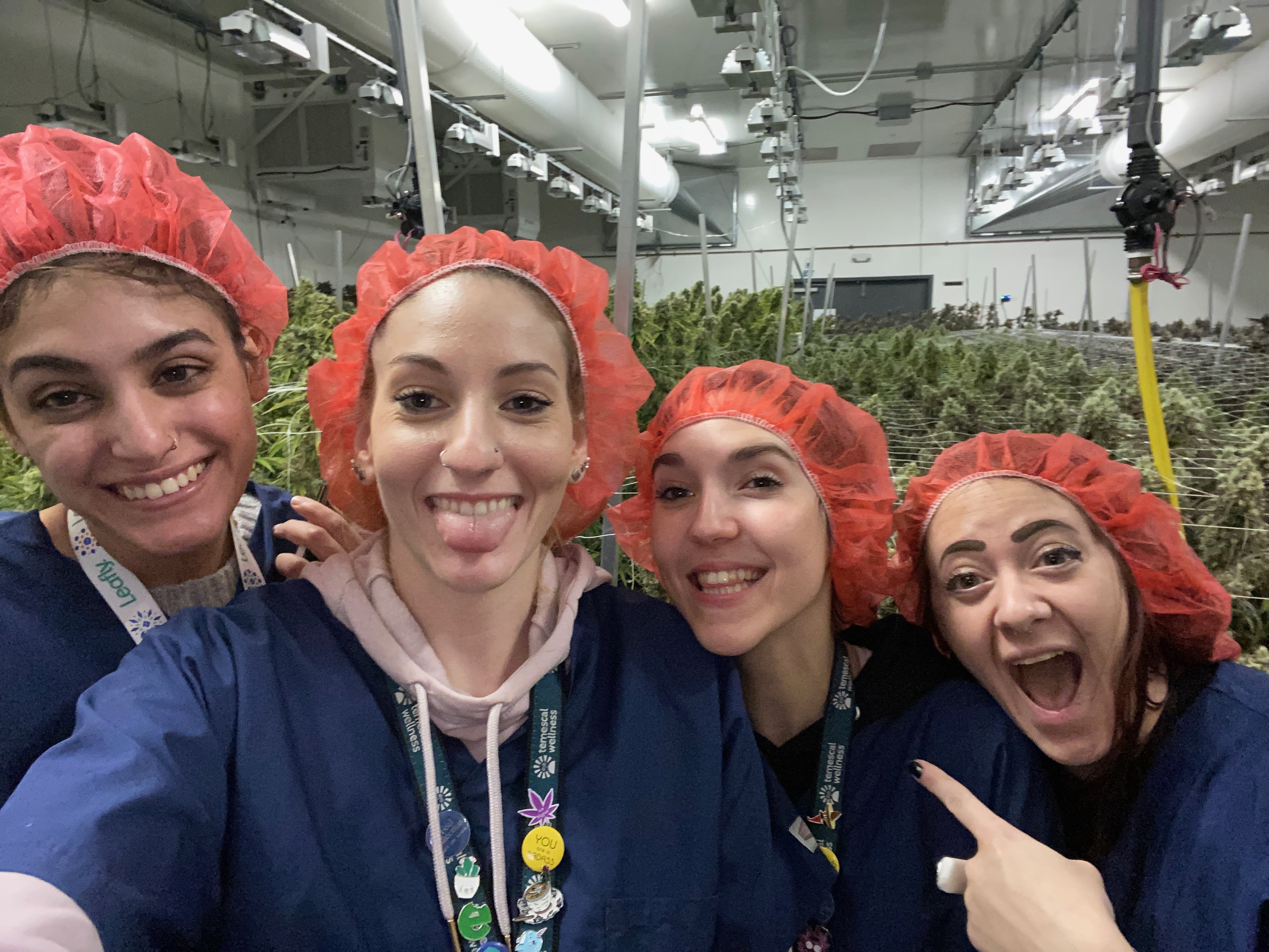 Jasmine Syrotchen and her team, wearing hairnets, smiling together on a visit to a cannabis grow facility