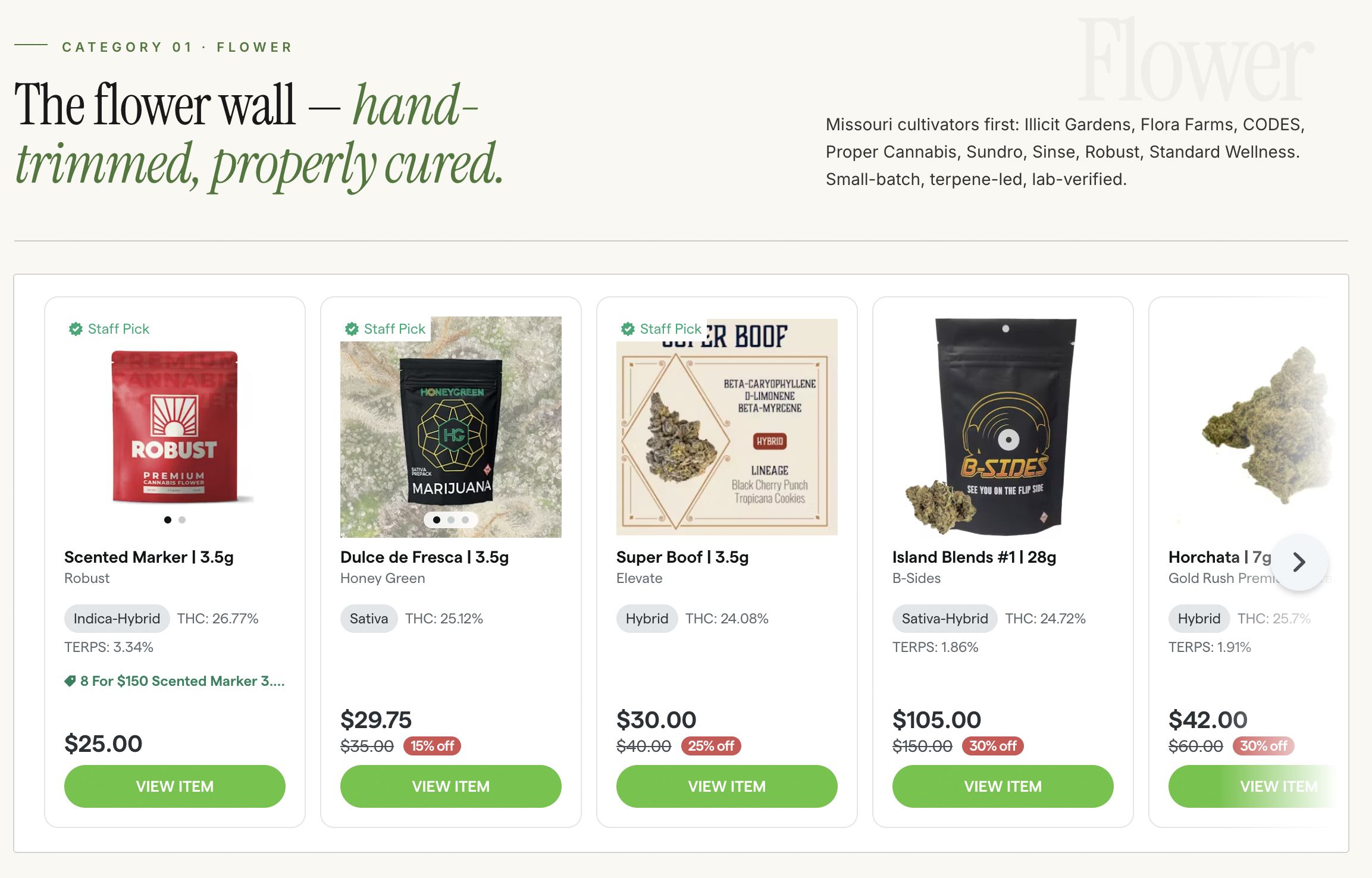Luxury Leaf’s online menu on Dutchie E-Commerce Pro