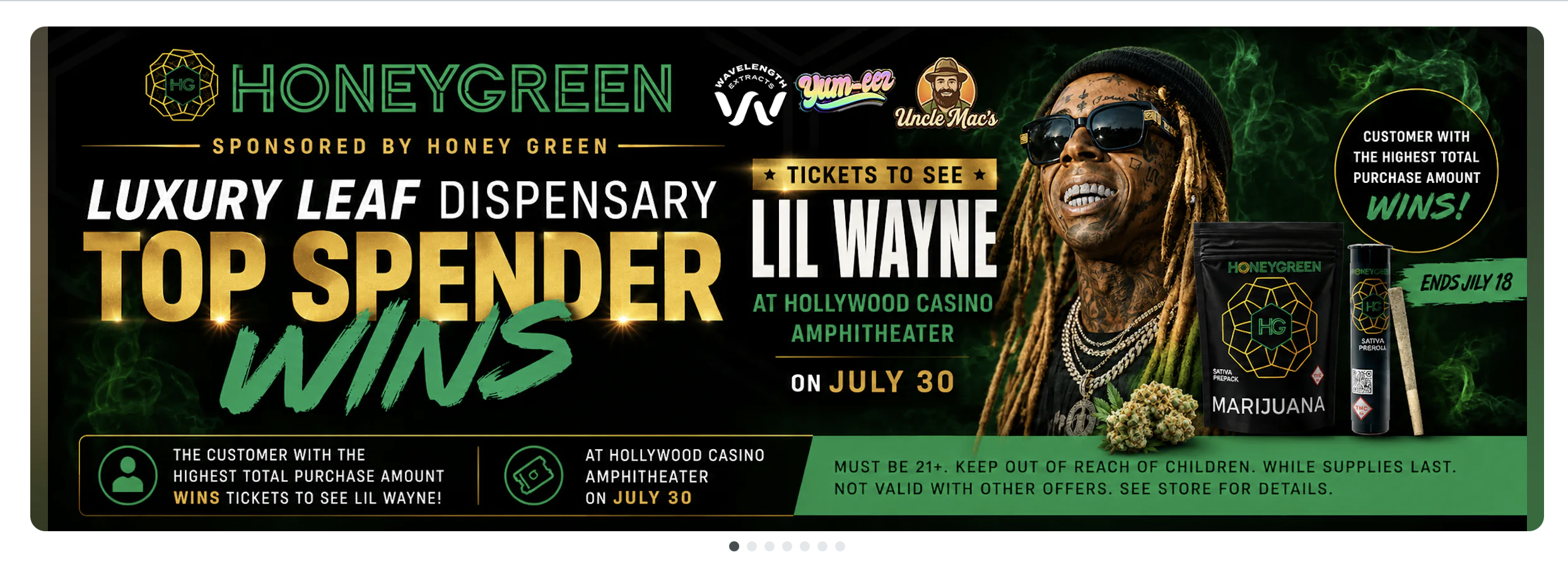 HoneyGreen-sponsored Luxury Leaf Top Spender Wins promotion featuring tickets to see Lil Wayne at Hollywood Casino Amphitheater