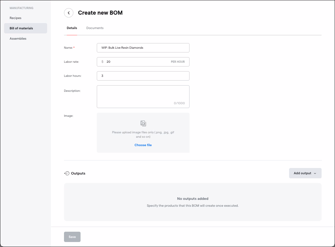 Create new Bill of Materials in the Manufacturing page