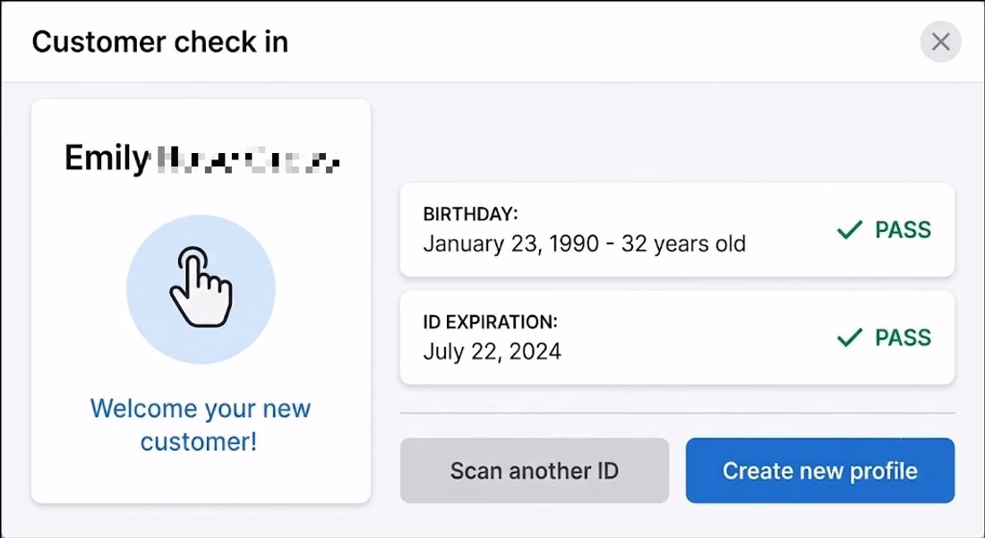 Customer check-in modal after an ID scan showing passed birthday and ID expiration checks