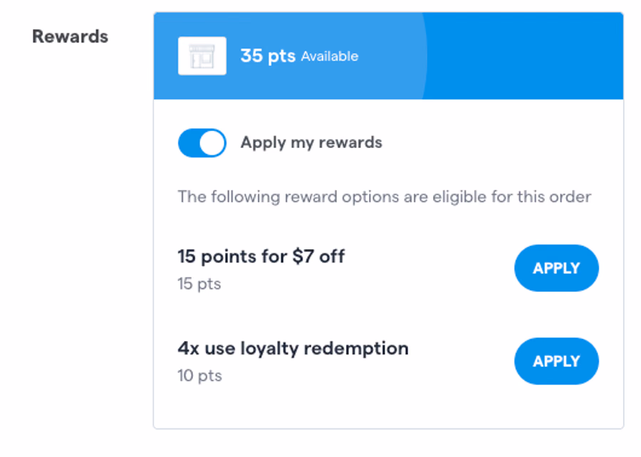 Apply my rewards toggle and reward-redemption options in the e-commerce cart