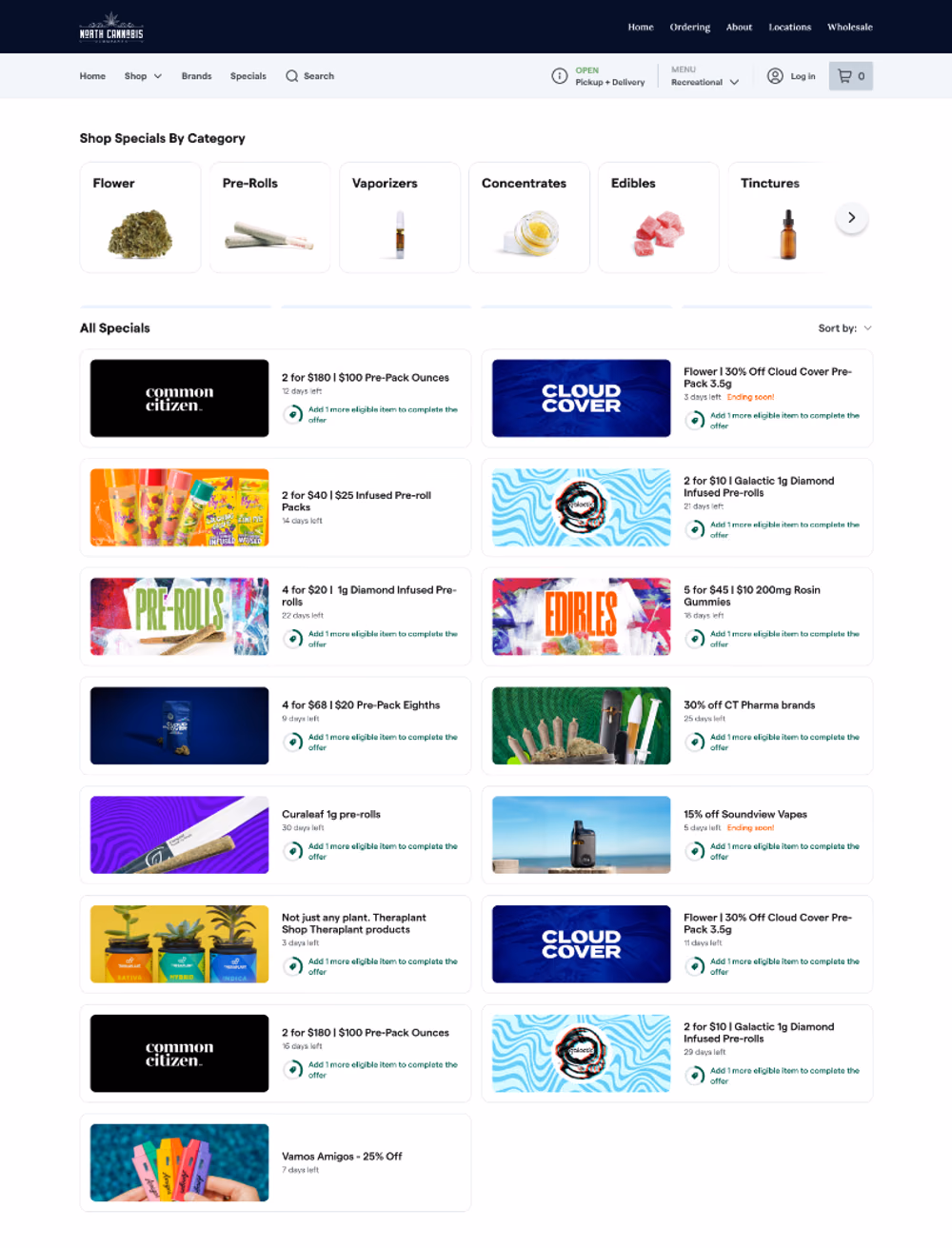 Redesigned e-commerce specials page with shop-by-category tiles above the specials grid