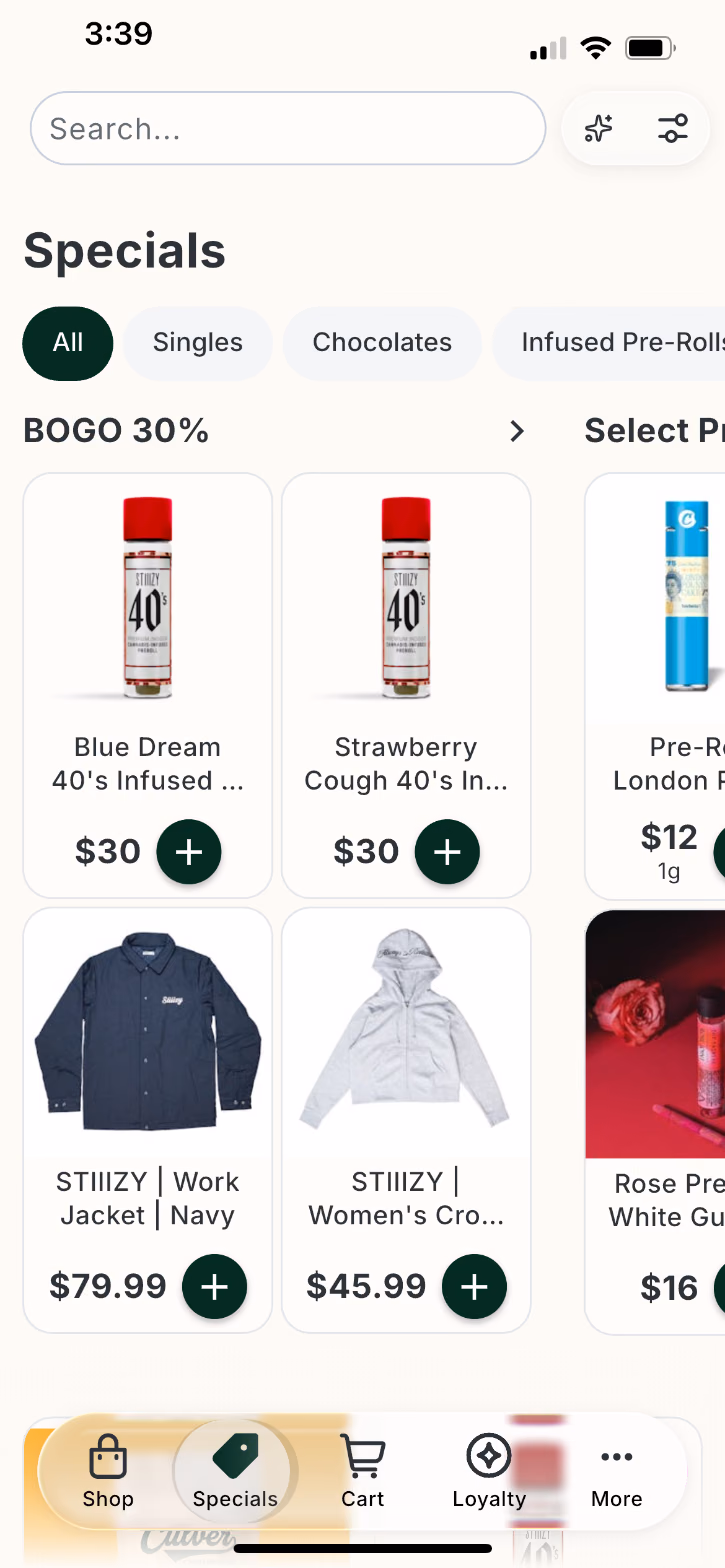 Specials and search in the app