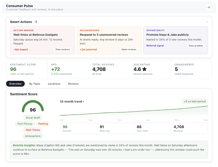 Consumer Pulse sentiment dashboard from surveys and reviews