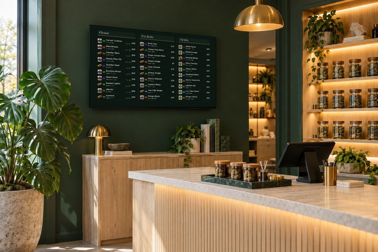 A menu board on the wall behind a dispensary counter, showing flower, pre-rolls, and edibles