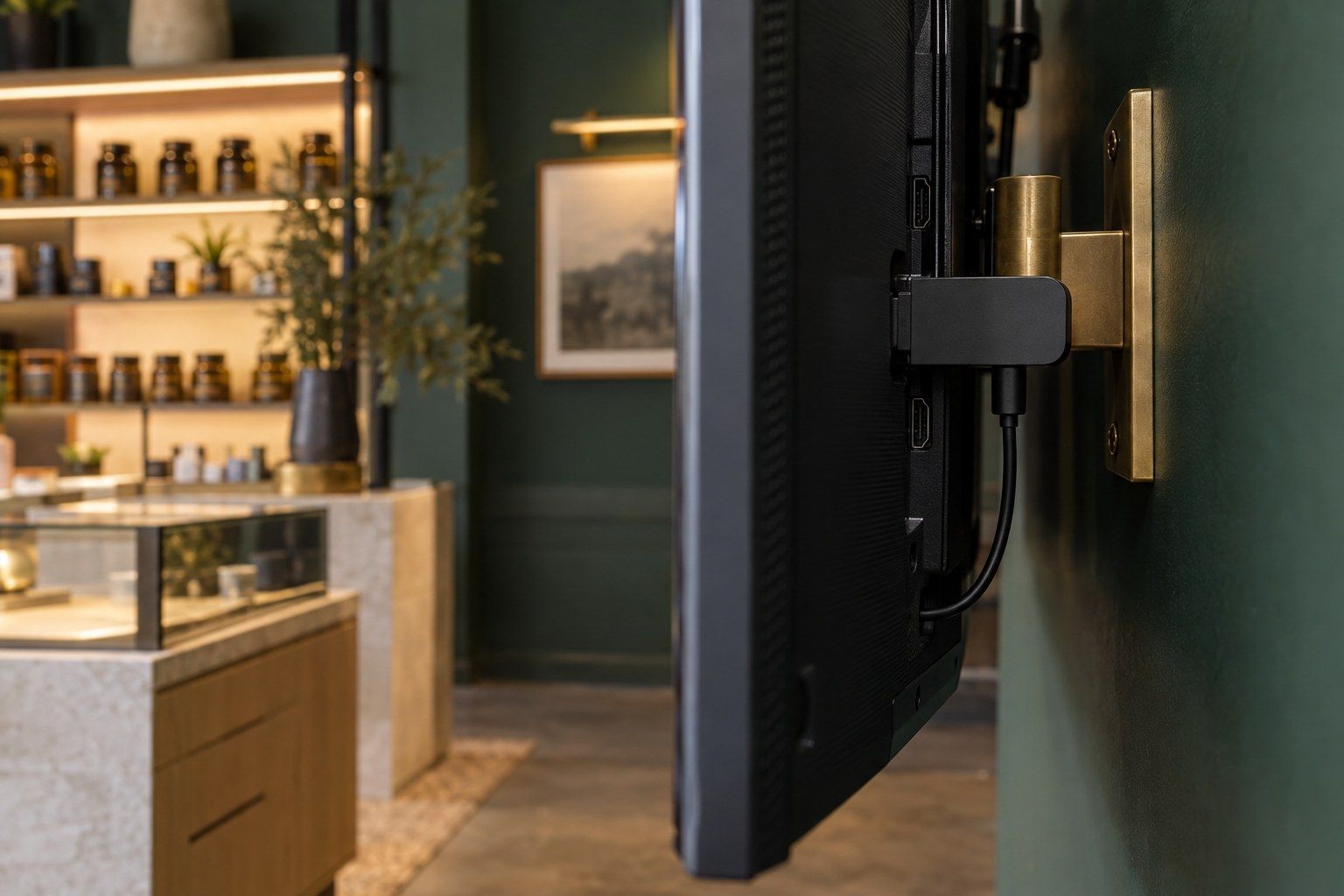 A streaming stick plugged into the HDMI port on the back of a wall-mounted TV in a dispensary