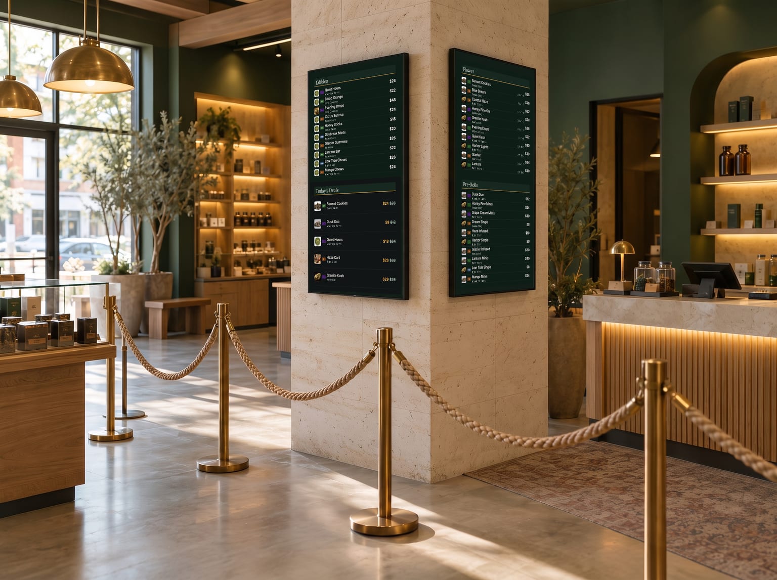Two portrait menu boards on a column by the queue in a dispensary