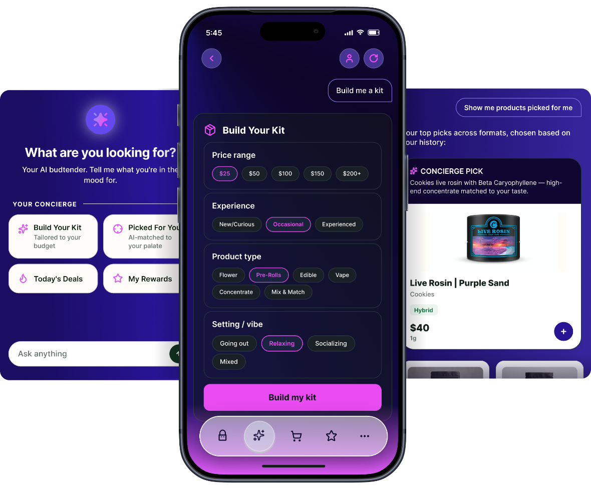AI concierge home offering Build Your Kit, Picked For You, Today's Deals, and My Rewards shortcuts, alongside a Concierge Pick recommendation and matched product results in an AI chat