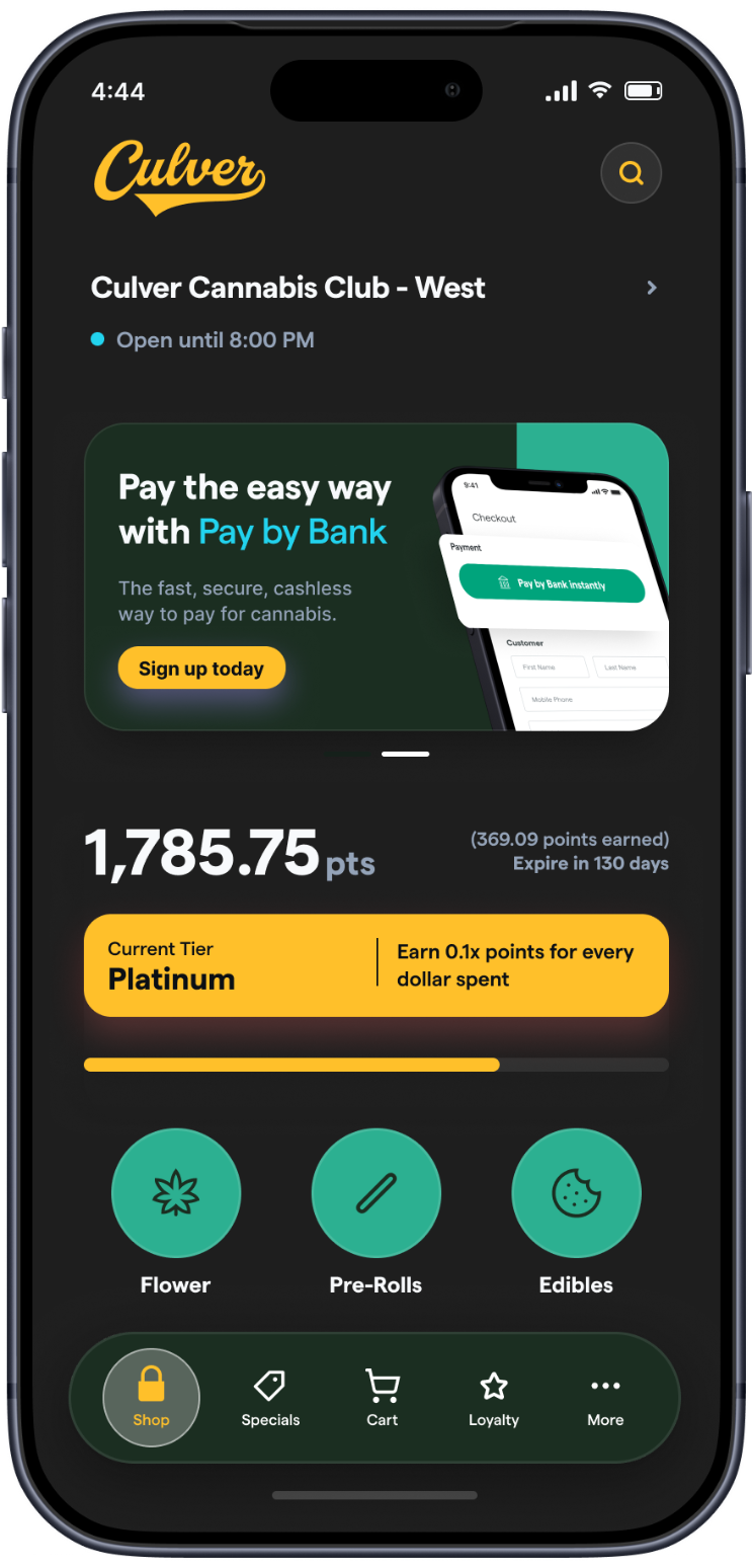 Dutchie branded mobile app home screen, shown as the Culver dispensary brand