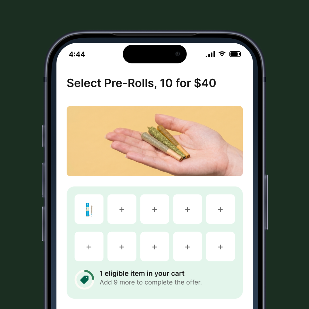 Mobile app offer builder showing a Select Pre-Rolls, 10 for $40 bundle deal in progress