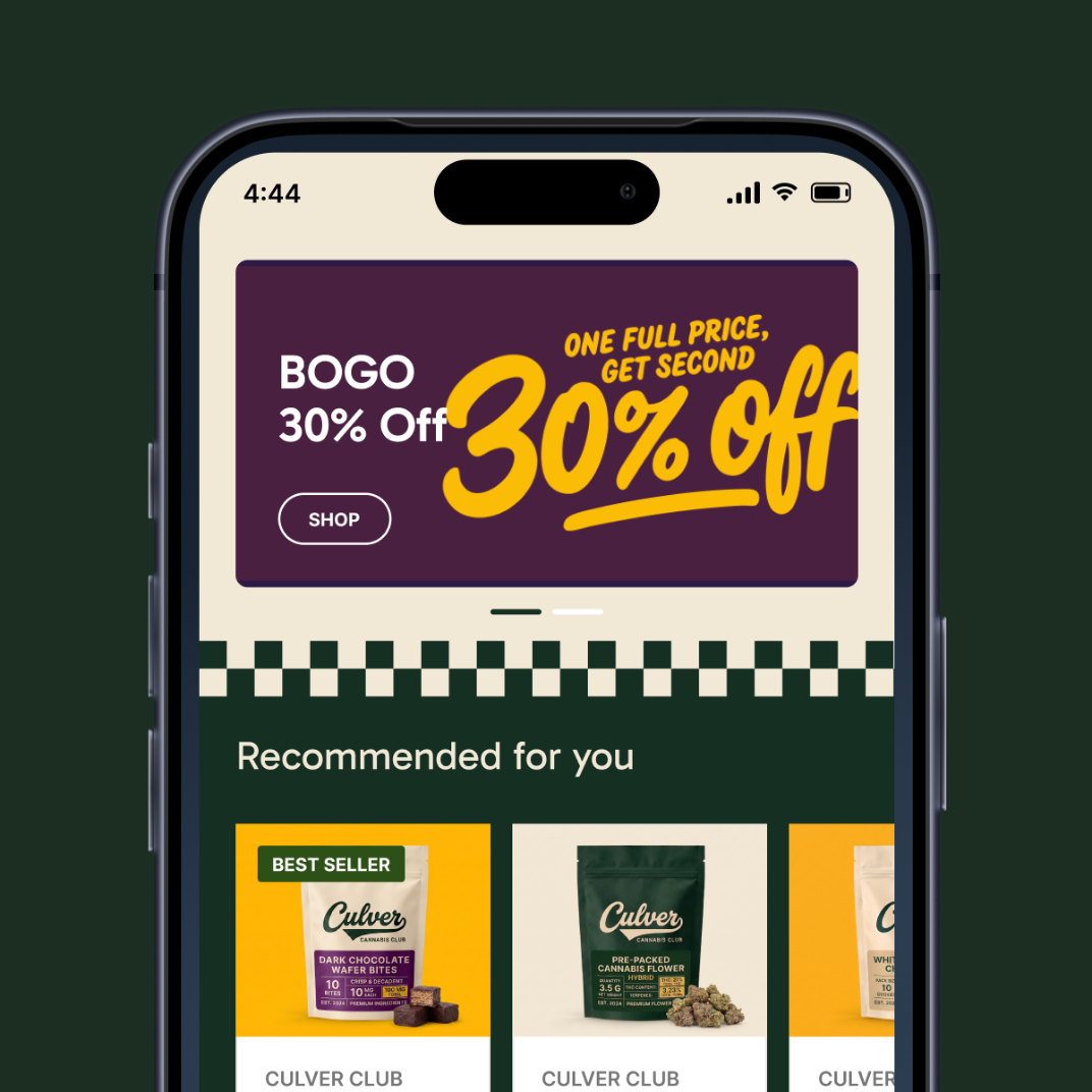 Branded mobile app home screen with a full-bleed promo banner and a Recommended for you product row
