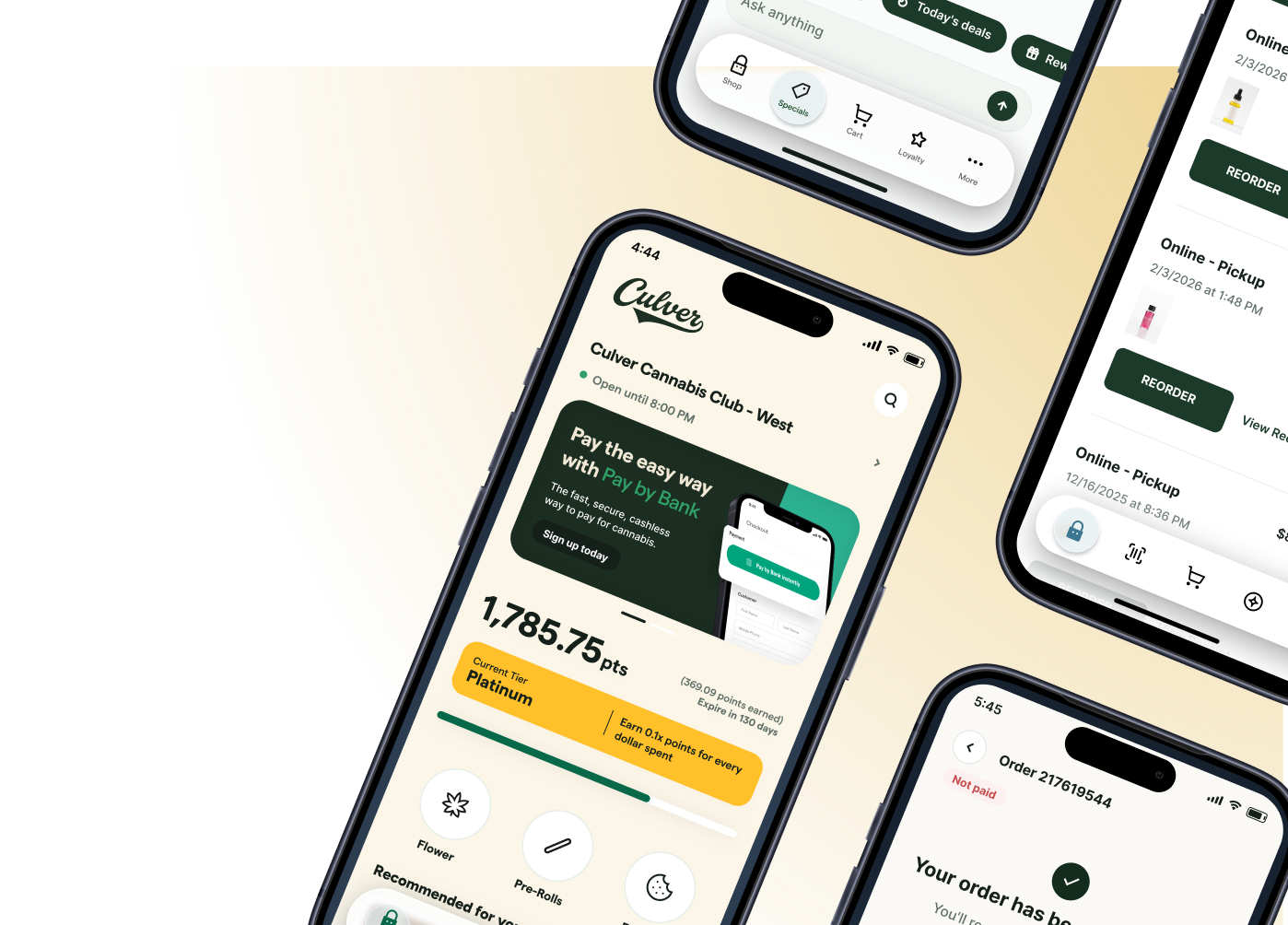 The Dutchie branded mobile app shown across order tracking, pay by bank checkout, and rewards screens