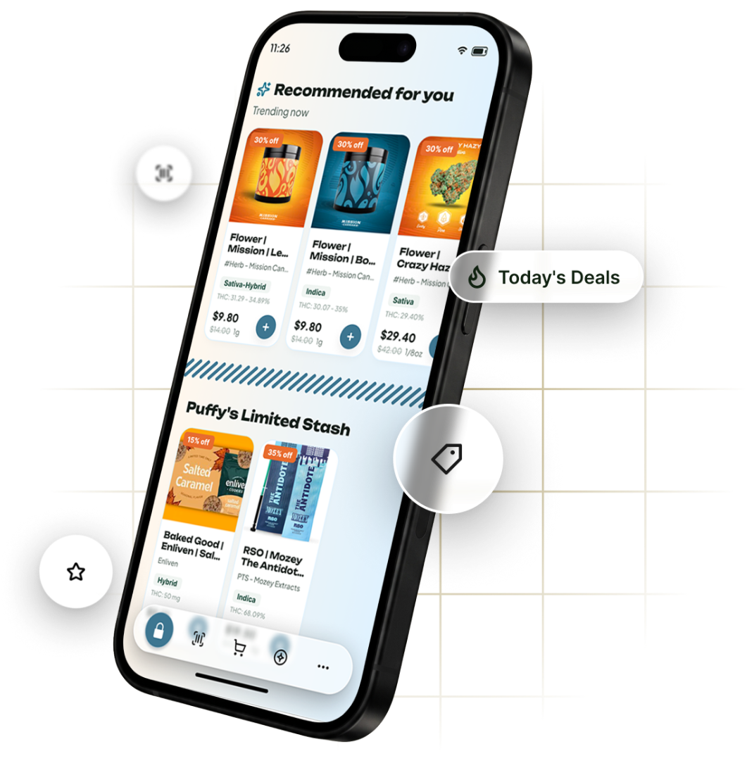 Redesigned mobile app home with a Recommended for you row and floating Today's Deals, favorites, and tag shortcuts