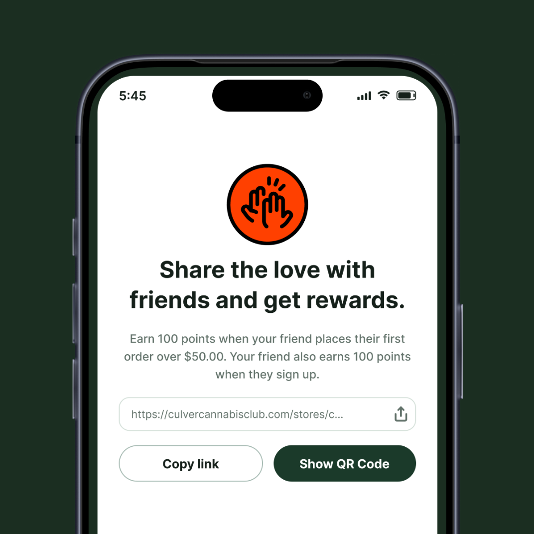 Refer-a-friend screen with a shareable link, Copy link, and Show QR Code options