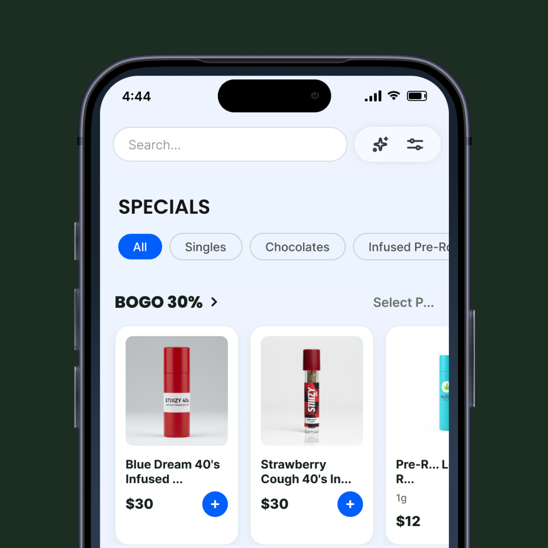 Mobile app specials with search on top, category filter chips, and a BOGO 30% product grid
