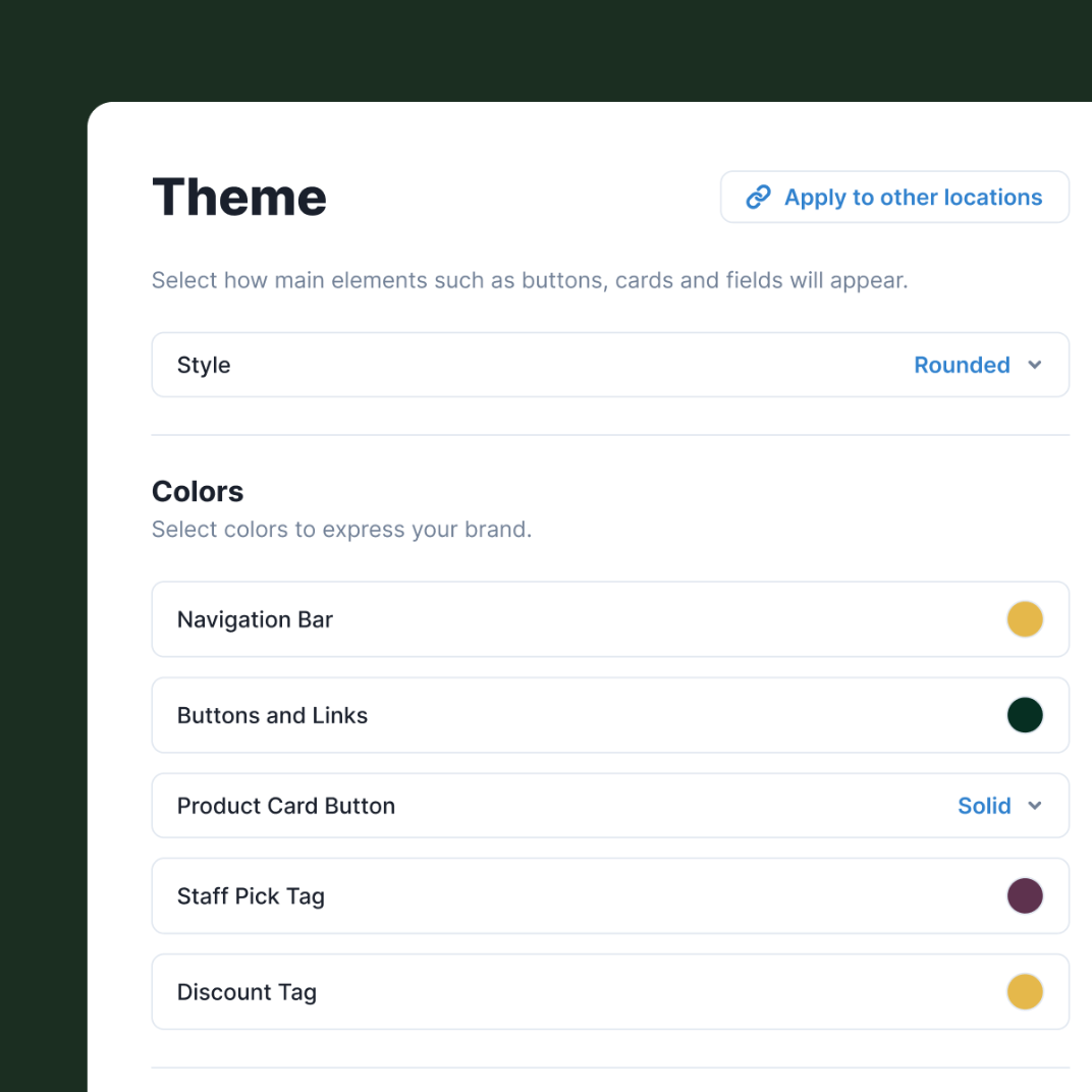 Dispensary admin theme panel setting the app's style, navigation bar, button, and tag colors
