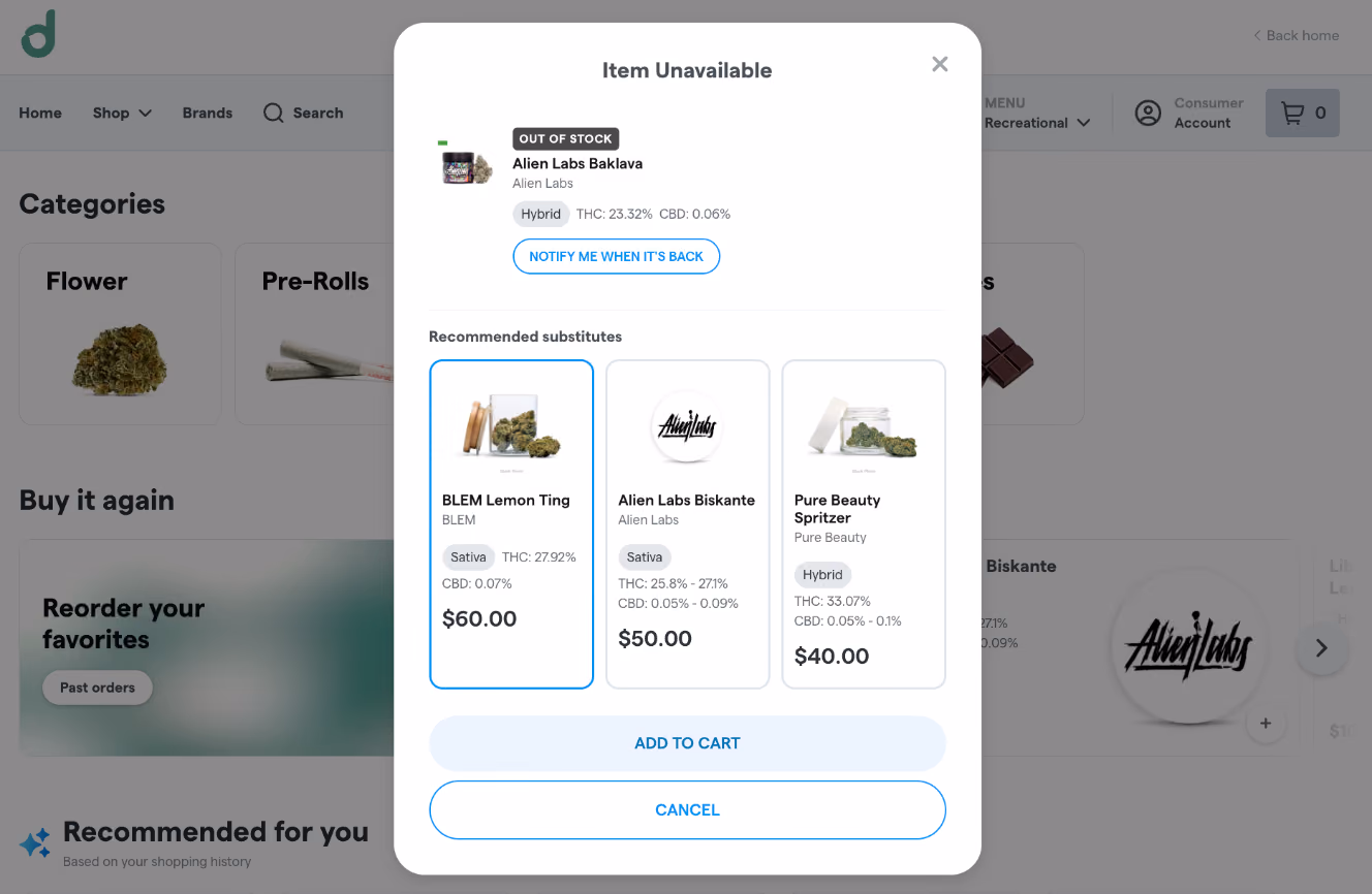 Item Unavailable modal showing recommended substitute products for an out-of-stock item